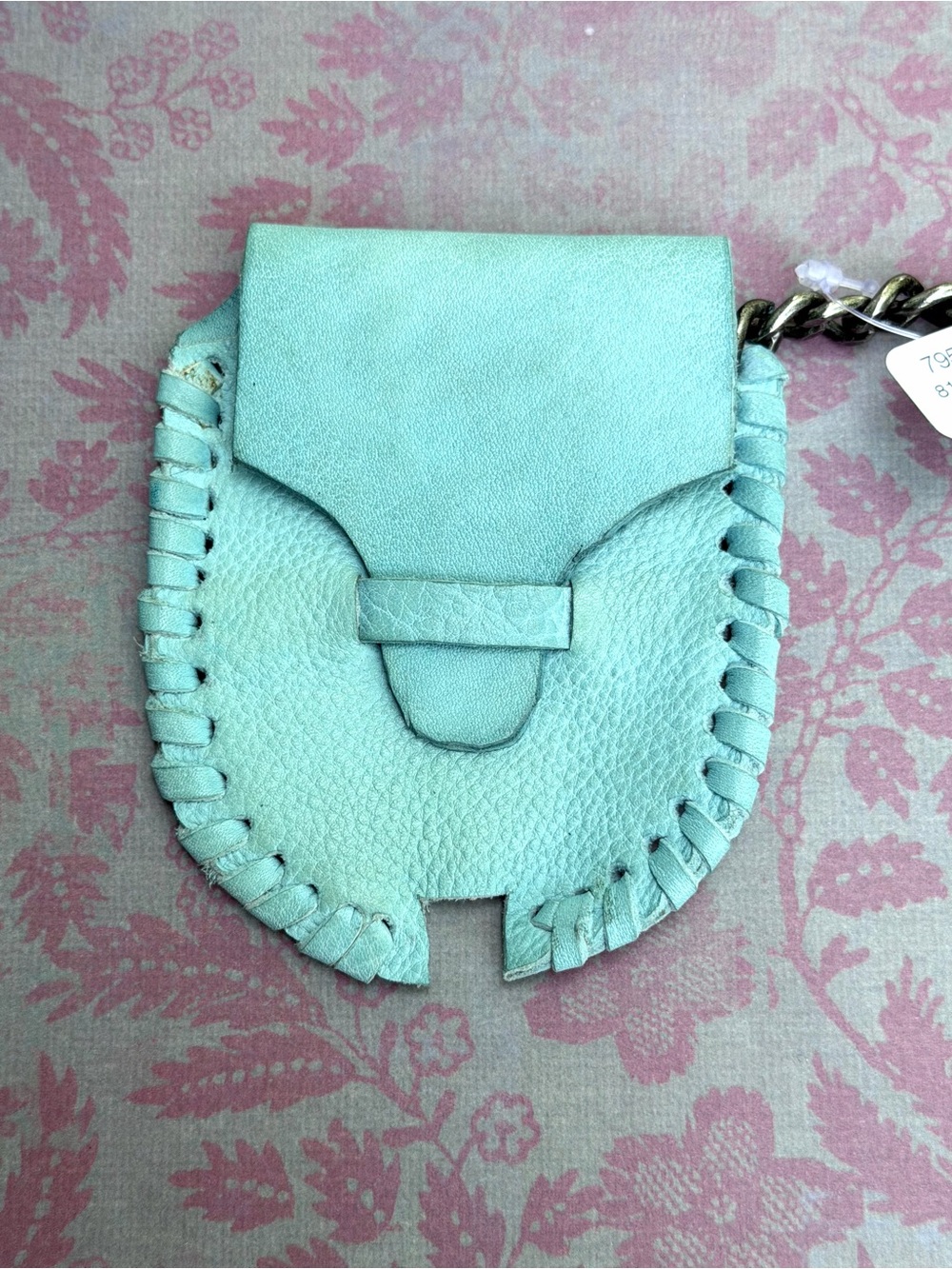 Free People Mint Teal Leather Key & Card Holder with Whipstitch